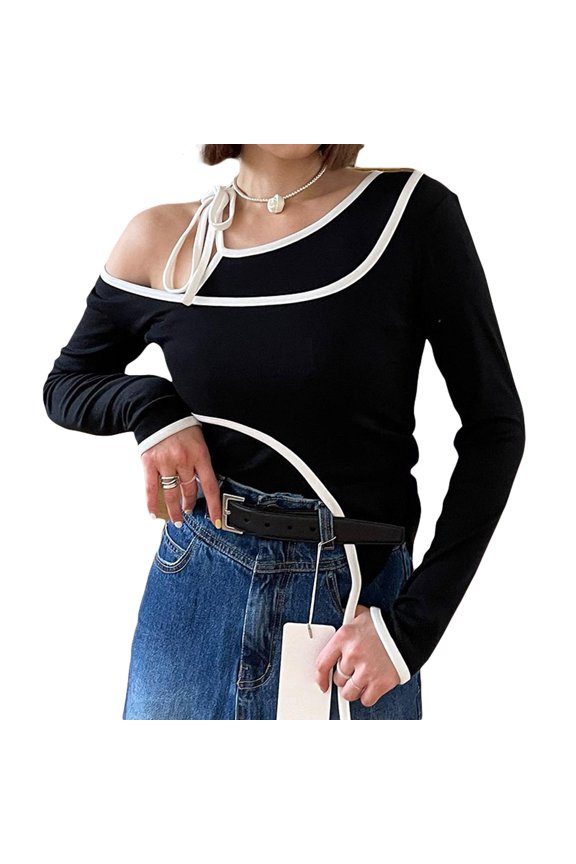 Women T-shirt Long Sleeve Tie-up Patchwork Contrast Color Irregular Slim Fit Fall Tops Streetwear