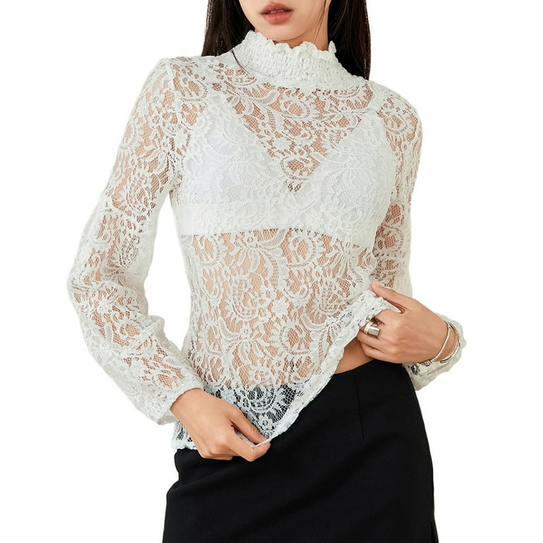トップス Amomento sheer lace mock neck top Sheer Lace Mock Neck Top in Black