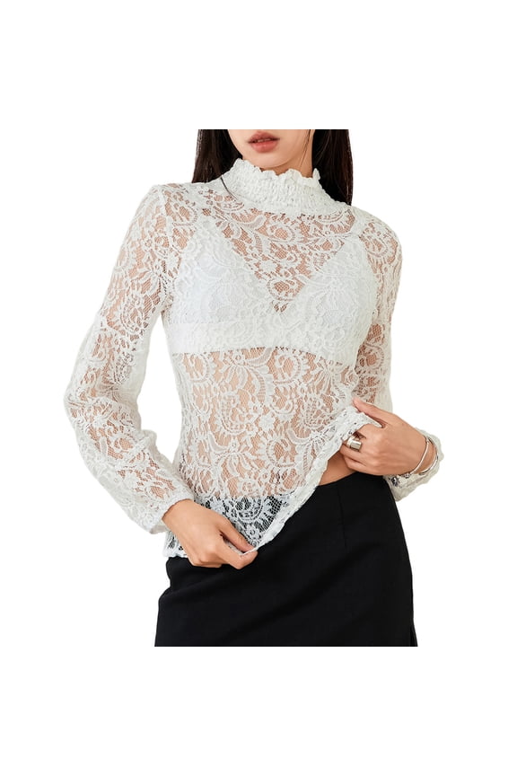 Women T-shirt, Long Sleeve Turtleneck See-through Lace Tops Sheer T-shirt Clubwear