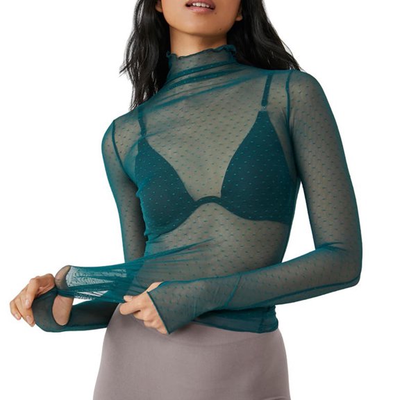 Women T-shirt, Long Sleeve Turtleneck Swiss Dots See-through Slim Fit Sheer Tops Clubwear