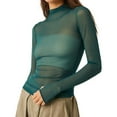 thumbnail image 1 of Women T-shirt, Long Sleeve Turtleneck Swiss Dots See-through Slim Fit Sheer Tops Clubwear, 1 of 7