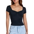 thumbnail image 1 of Women T-shirt, Low-cut Short Sleeve Pleated Solid Slim Fit Summer Tops for Casual Daily, 1 of 10