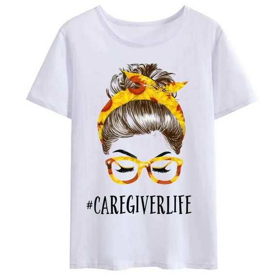 Women T-shirt Mothers Day Messy Hair Bun Caregiver Sunflowers Headband Men And Women T-Shirt Anniversary Gift Holiday Tee