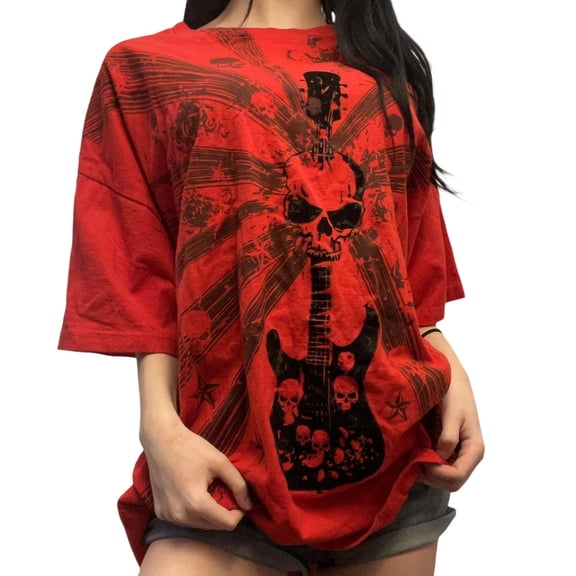 Women T-shirt, Vintage Crew Neck Short Sleeve Skull Print Summer Loose Tops Streetwear