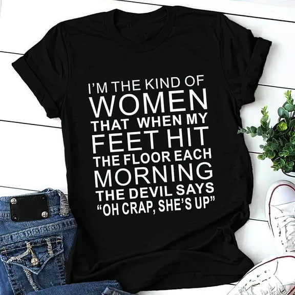 Women T-shirt with "devil" Saying, Graphic Tee Women, Cute "She's up" Saying Shirt, Casual Short Sleeve Shirt for Spring Summer and Fall