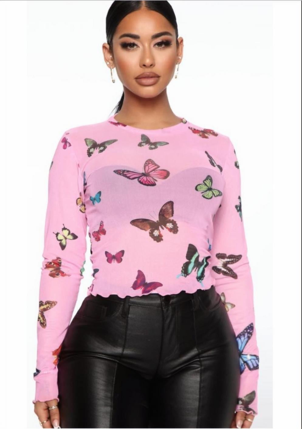 Women Tshirts Butterfly Print Mesh Sheer Tee Shirts Long Sleeve See