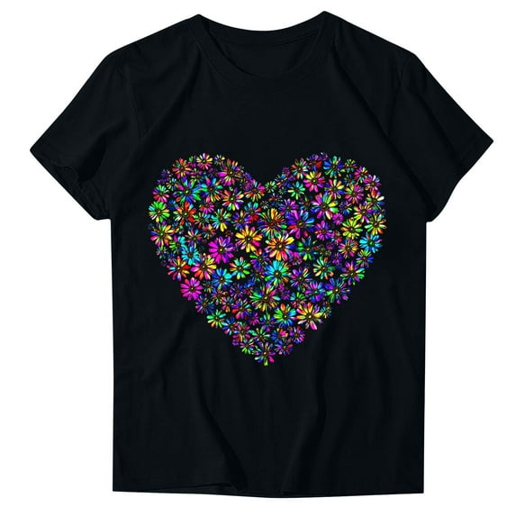 Women T-shirts Love Hearts Printed Short Sleeve Tops Crew Neck Tshirts Valentine's Day Shirts Casual Graphic Tees (L, Black 05)