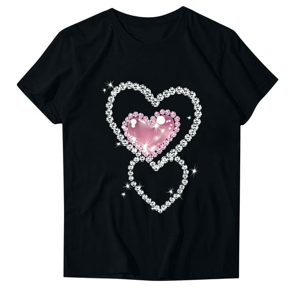 Women T-shirts Love Hearts Printed Short Sleeve Tops Crew Neck Tshirts Valentine's Day Shirts Casual Graphic Tees (XL, Black 12)