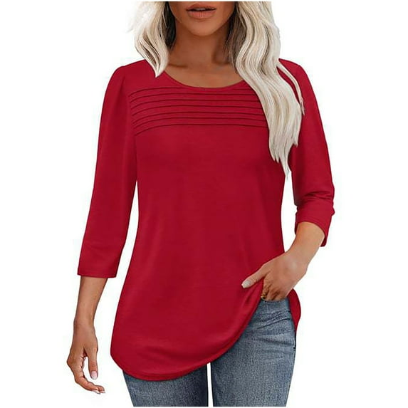 Women T-shirts Solid Color Round Neck 3/4 Sleeves Shirt Fall Winter Casual Loose Blouses Comfortable Lightweight Fashion Tunic Tops Cotton Tees Size S-3XL