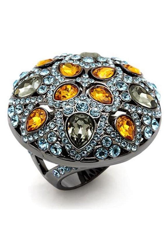 Women TIN Cobalt Black Brass Ring with Top Grade Crystal in Multi Color - Size 7