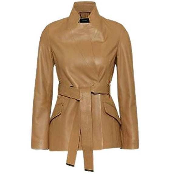 Women Tan Leather Blazer - Belted Casual Long Leather Jacket - Fashion Outfit For Ladies SouthBeachLeather Large