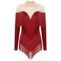 Women Tango Samba Dancewear Tassel Fringe Latin Dance Leotard Long Sleeve Bodysuit Competition Stage Performance Costume