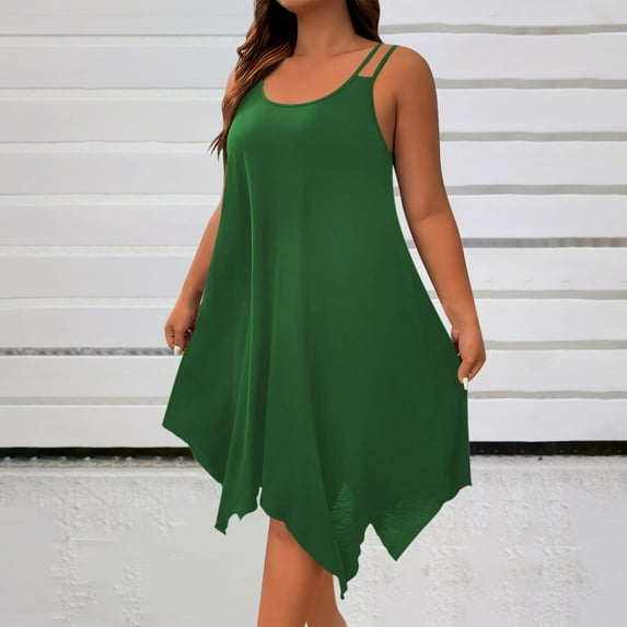 Women Tank Dress Fashion Plain Flowy Plus Size Handkerchief Hem Summer Solid Color Beach Vacation Casual V Neck Loose Sleeveless Beach Mini Dresses for Curvy Women