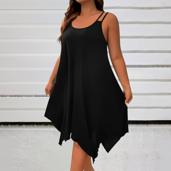 Women Tank Dress Fashion Plain Flowy Plus Size Handkerchief Hem Summer Solid Color Beach Vacation Casual V Neck Loose Sleeveless Beach Mini Dresses for Curvy Women