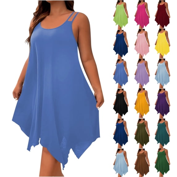 Women Tank Dress Fashion Plain Flowy Plus Size Handkerchief Hem Summer Solid Color Beach Vacation Casual V Neck Loose Sleeveless Beach Mini Dresses for Curvy Women