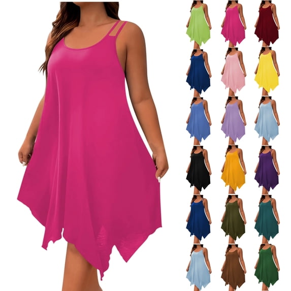 Women Tank Dress Fashion Plain Flowy Plus Size Handkerchief Hem Summer Solid Color Beach Vacation Casual V Neck Loose Sleeveless Beach Mini Dresses for Curvy Women