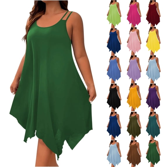 Women Tank Dress Fashion Plain Flowy Plus Size Handkerchief Hem Summer Solid Color Beach Vacation Casual V Neck Loose Sleeveless Beach Mini Dresses for Curvy Women