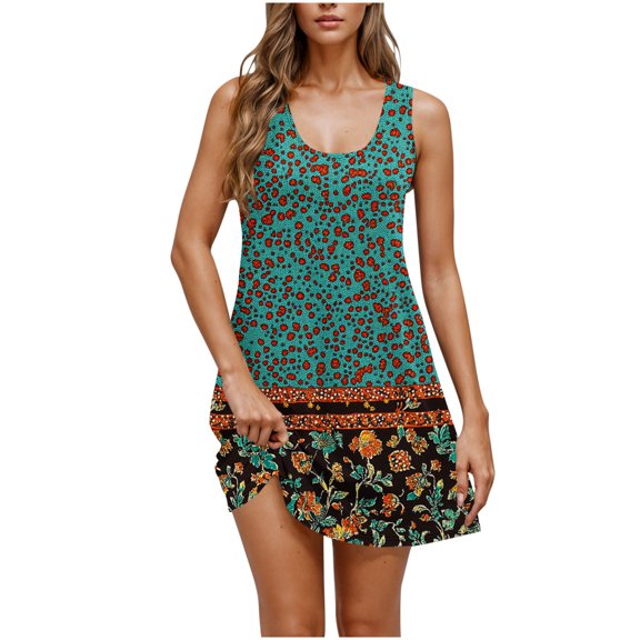 Women Tank Dress Squared Neck Skirts Boho Floral Sundress Casual A-Lined Dresses Summer Flowy