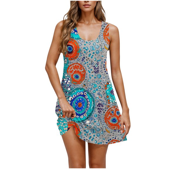 Women Tank Dress Squared Neck Skirts Boho Floral Sundress Casual A-Lined Dresses Summer Flowy