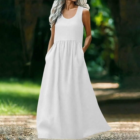 Women Tank Midi Dress Summer Crewneck Linen Sleeveless Pleated A Line Business Casual Formal Spring Dresses White M