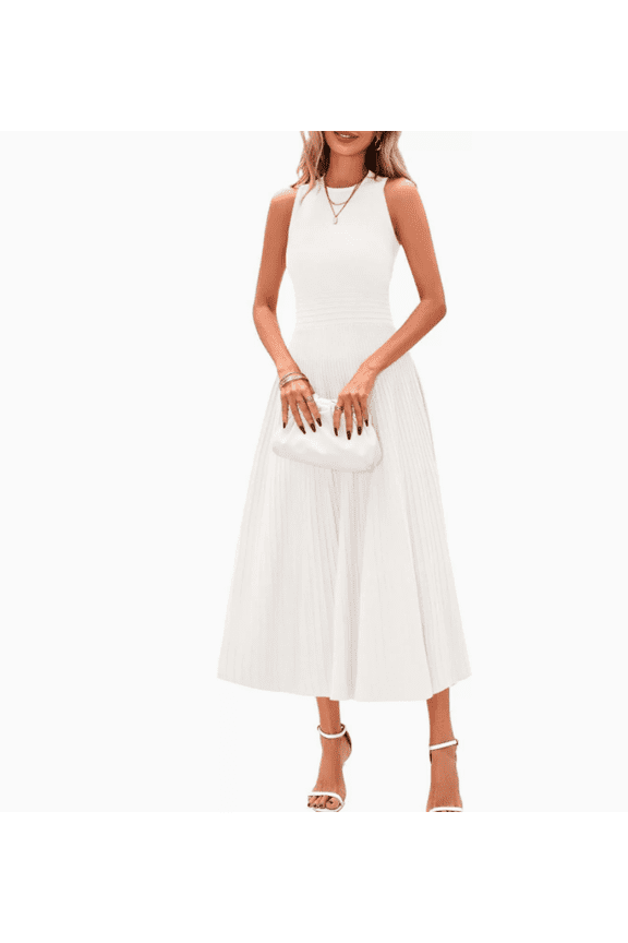 Women Tank Midi Dress Summer Crewneck Sleeveless Pleated A Line Business Casual Formal Sweater Spring Dresses&nbsp;