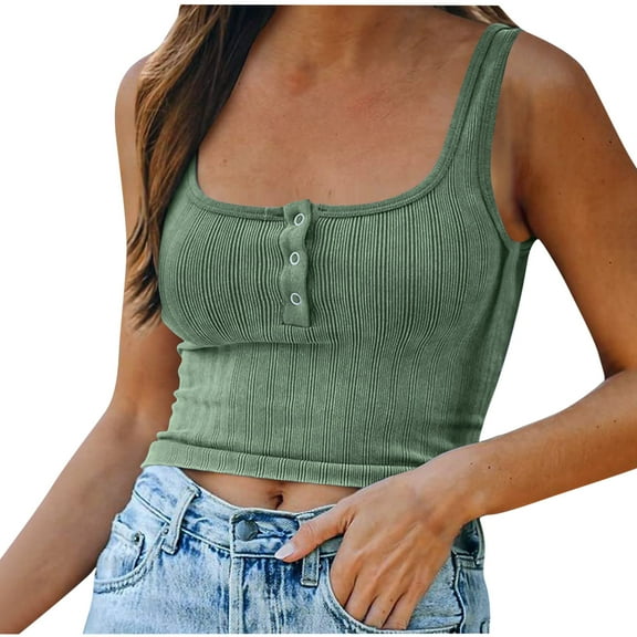 Women Tank Top Sleeveless Basic Fitted Crop Top Buttons Shirts Summer Slim Tee Top