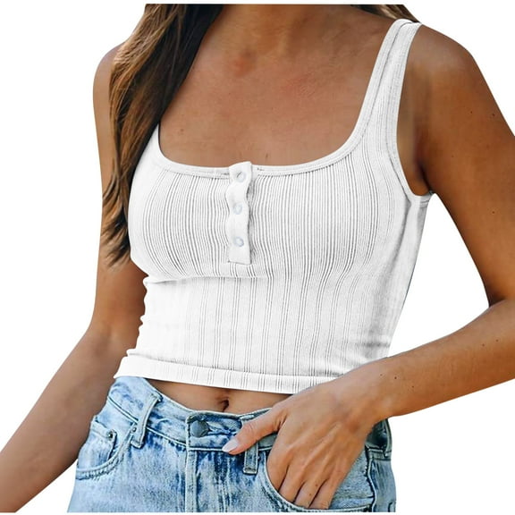 Women Tank Top Sleeveless Basic Fitted Crop Top Buttons Shirts Summer Slim Tee Top