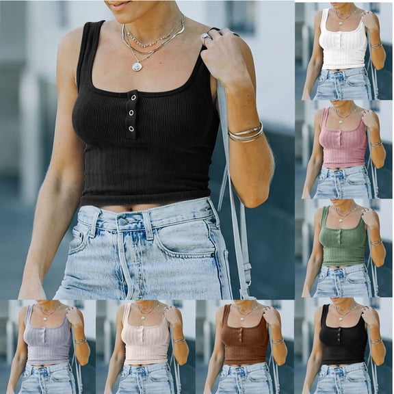 Women Tank Top Sleeveless Basic Fitted Crop Top Buttons Shirts Summer Slim Tee Top