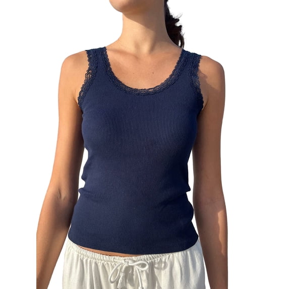Women Tank Top Sleeveless Crew Neck Camisole Lace Trim Crop Top Slim Fit Ladies Vest Summer Streetwear
