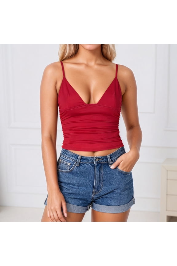 Women Tank Top Streetwear V Neck Ribbed Cropped Tank Top Breathable Womens Cami Red M