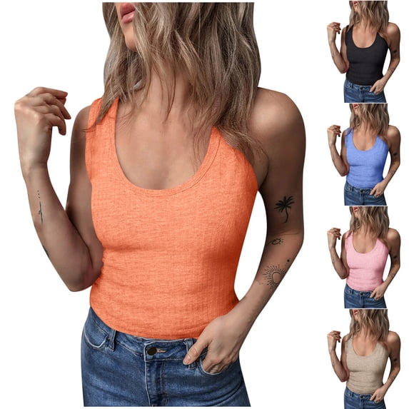 Women Tank Top Tank Top for Women Women‘s Casual Oversize Solid Color V-Neck Sleeveless Short Sleeve Blouse Tank Orange S