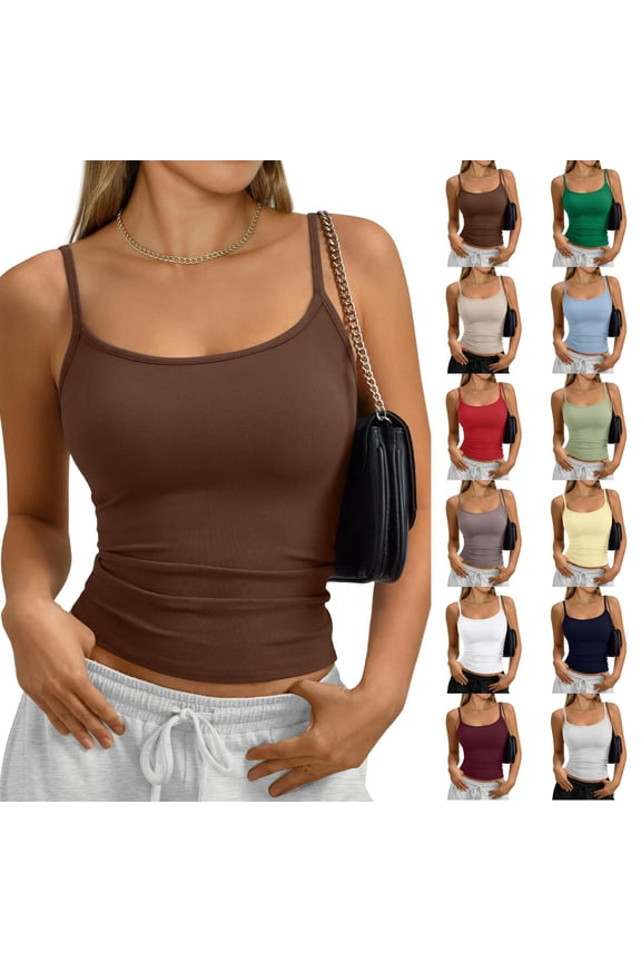 Women Tank Top with Adjustable Spaghetti Straps Slim Fitted Scoop Neck Camisole Tops Cute Summer Cropped Cami Top White XS