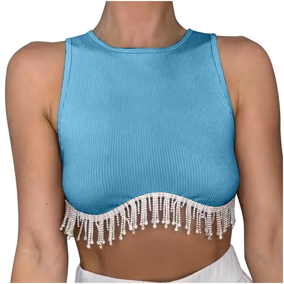 Women Tank Tops Ladies Sequin Tassel Sexy Vest Top Dance Club Sparkle Cami Swing Vest Clubwear Evening Party Glitter Strappy Tank Tops Y2K Cropped T Shirts