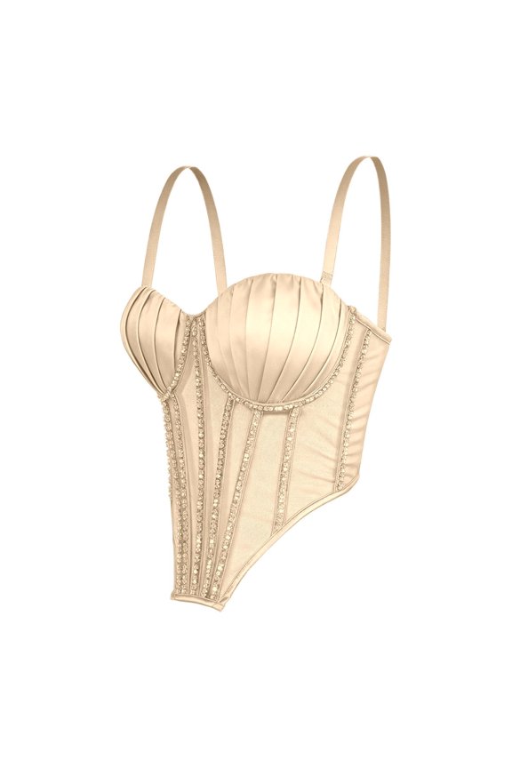 Women Tank Tops Mesh Built In Bra Crystal Rhinestone Bustier Comfortable Womens Cami Beige 34
