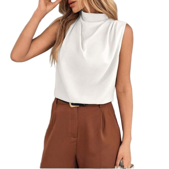 Women Tank Tops Mock Neck Sleeveless Pleated Camisole Summer Causal Loose Shirts, L