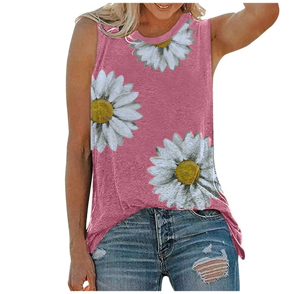 Women Tank Tops Plus Size Round-Neck Sleeveless Cute Daisy Floral Print Summer Vests Blouse T-Shirt Graphic Tee Top Comfortable Tanks Vest Tops for Ladies and Girls
