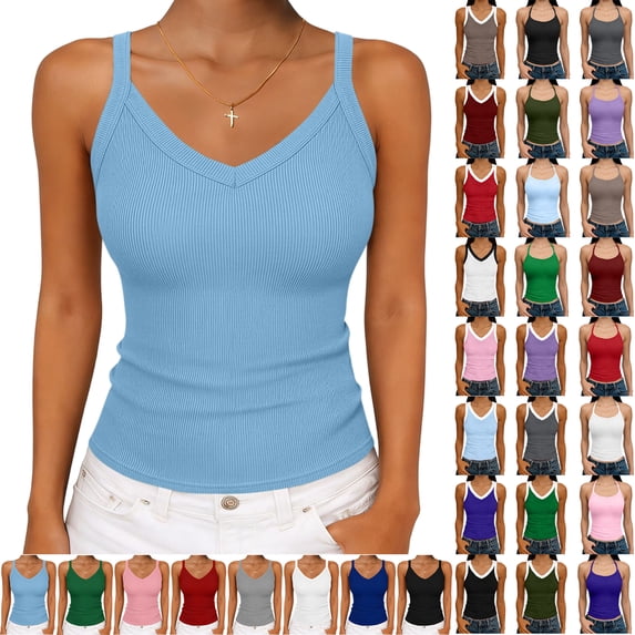Women Tank Tops Round Neck Sleeveless Backless Summer Ribbed Fitted Cami Shirts