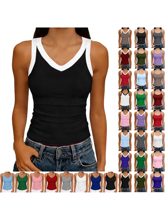 Women Tank Tops Round Neck Sleeveless Backless Summer Ribbed Fitted Cami Shirts