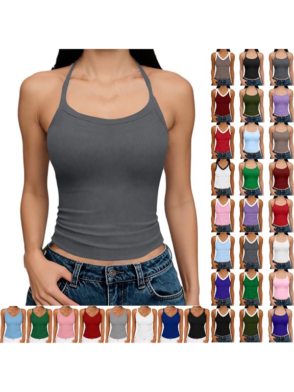 Women Tank Tops Round Neck Sleeveless Backless Summer Ribbed Fitted Cami Shirts