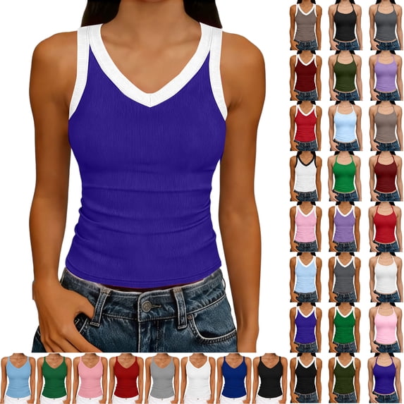 Women Tank Tops Round Neck Sleeveless Backless Summer Ribbed Fitted Cami Shirts