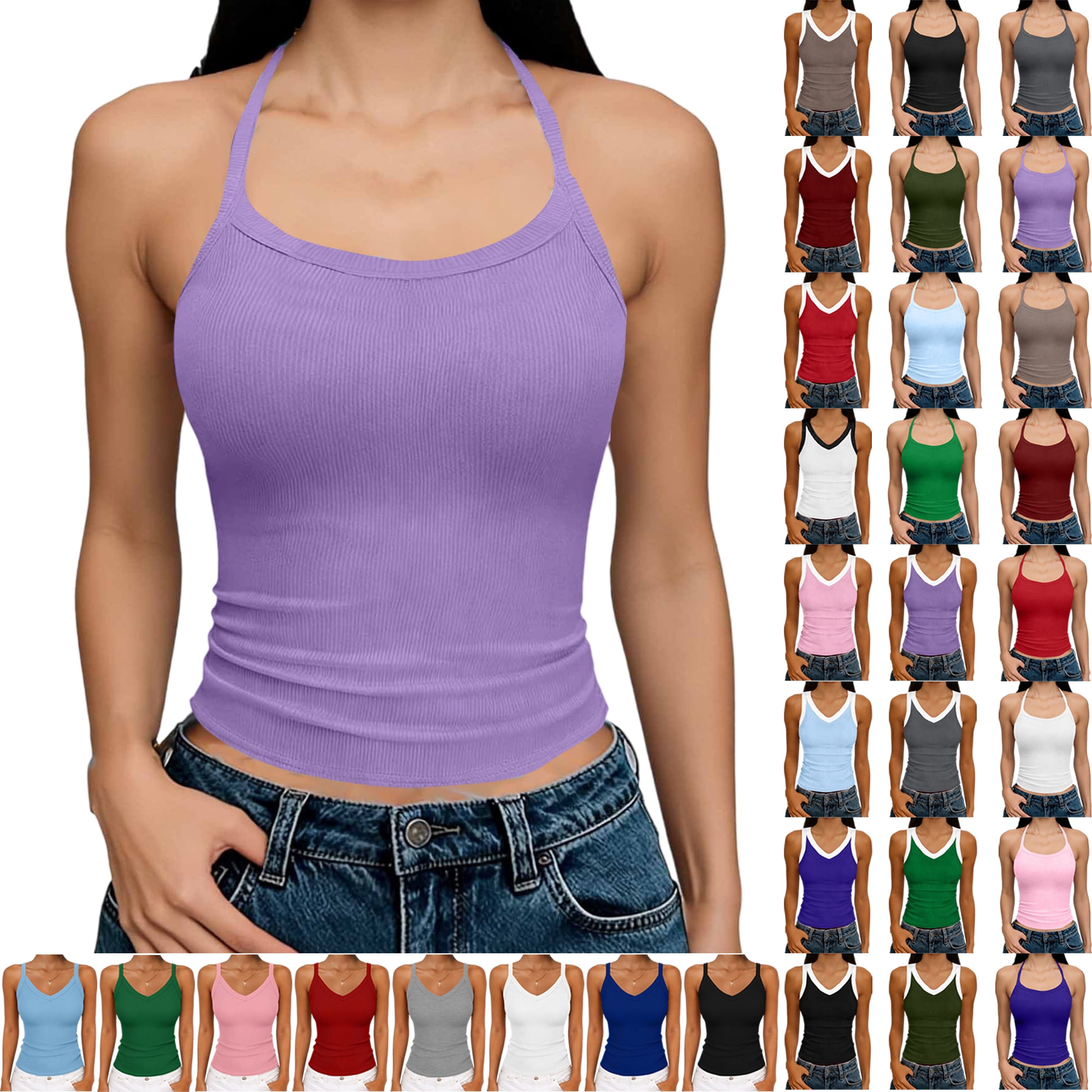 Women Tank Tops Round Neck Sleeveless Backless Summer Ribbed