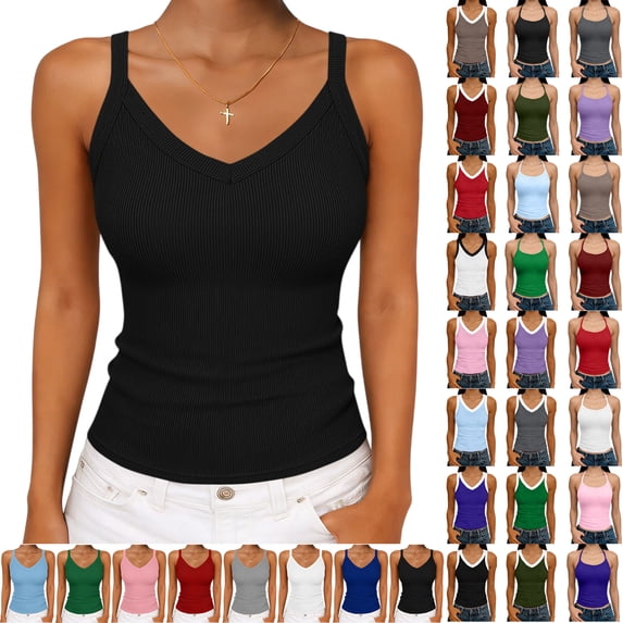 Women Tank Tops Round Neck Sleeveless Backless Summer Ribbed Fitted Cami Shirts
