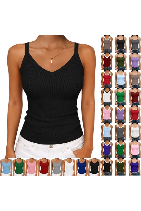 Women Tank Tops Round Neck Sleeveless Backless Summer Ribbed Fitted Cami Shirts