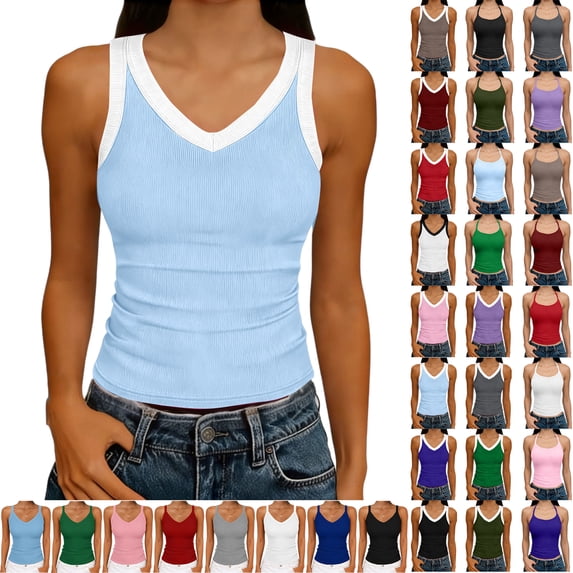 Women Tank Tops Round Neck Sleeveless Backless Summer Ribbed Fitted Cami Shirts