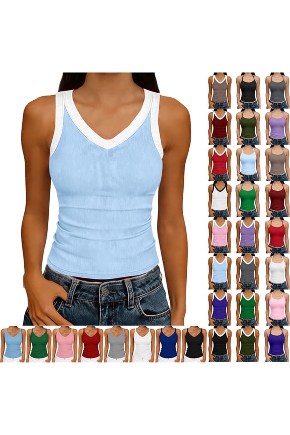Women Tank Tops Round Neck Sleeveless Backless Summer Ribbed Fitted Cami Shirts