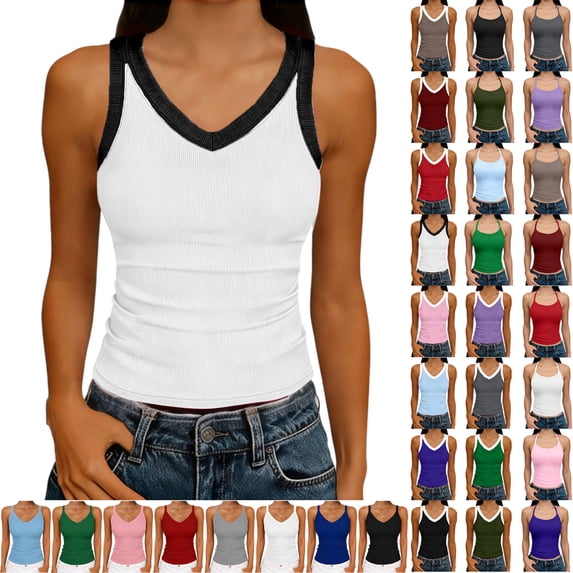 Women Tank Tops Round Neck Sleeveless Backless Summer Ribbed Fitted Cami Shirts