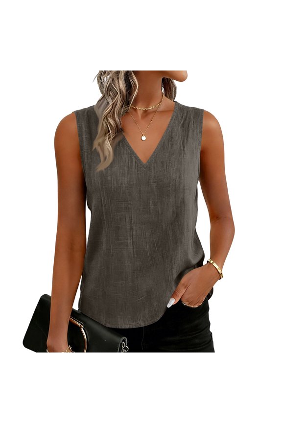 Women Tank Tops Ruched Shoulder Blouse Business Casual Outfits Sleeveless V Neck Shirt Beach Vacation Clothes