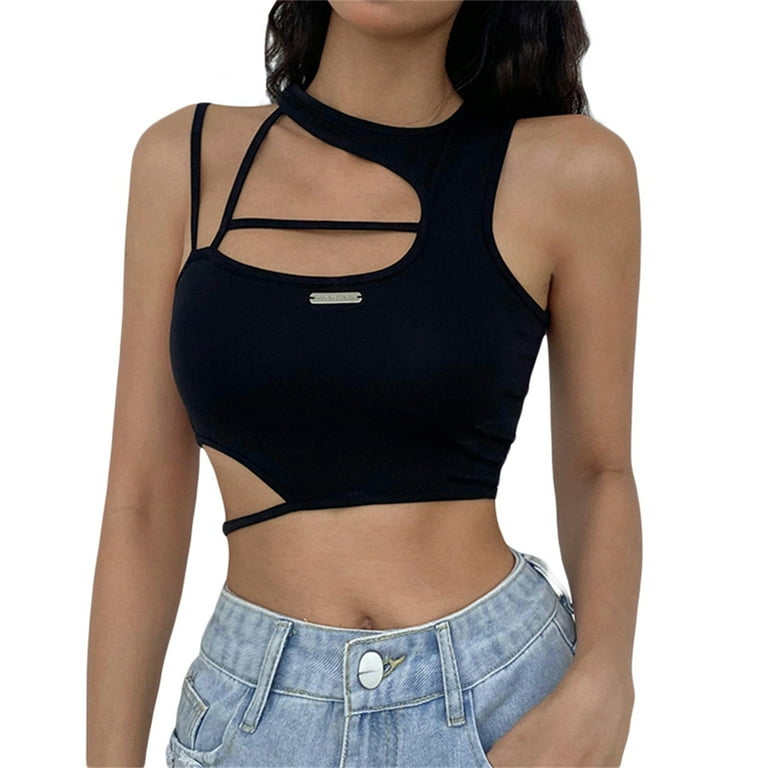 Women Tank Tops Sleeveless Round Neck Hollow Out Tight Crop Tops T-Shirt  Gothic E-Girls Summer Sexy Streetwear