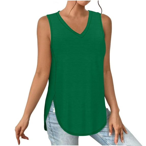 Women Tank Tops Sleeveless V Neck Yoga Sweat Cami Tops Breathable Comfy Women's Tops with Side Slit Casual Chemise Muscle Tops, Green (Large)