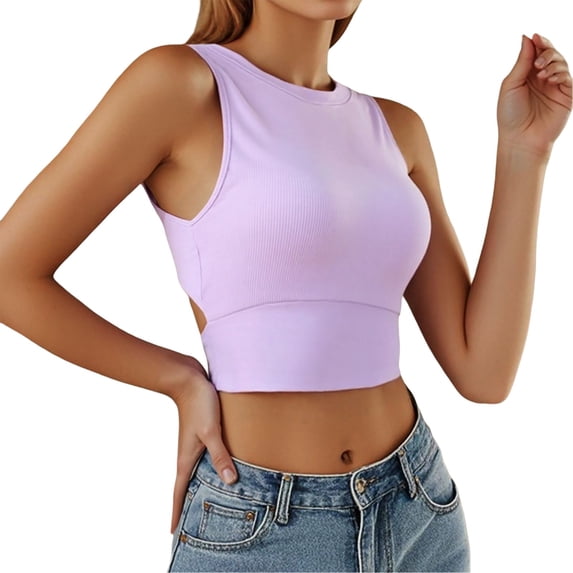 Women Tank Tops Soft Ribbed Sleeveless Fitted Basic Ribbed Tank Tops for Women Built In Bra Summer Going Out Undershirt Outfits Purple L